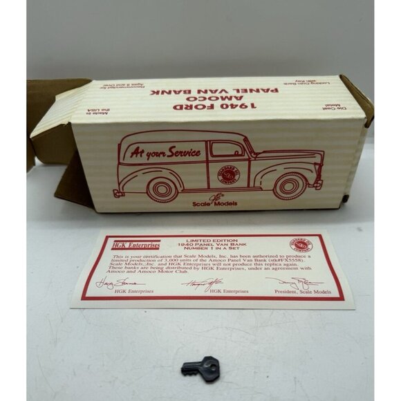 Vtg Amoco Standard Oil 1940 Ford Panel Van Red Bank Diecast #FX5558 with Key Box - Picture 2 of 8